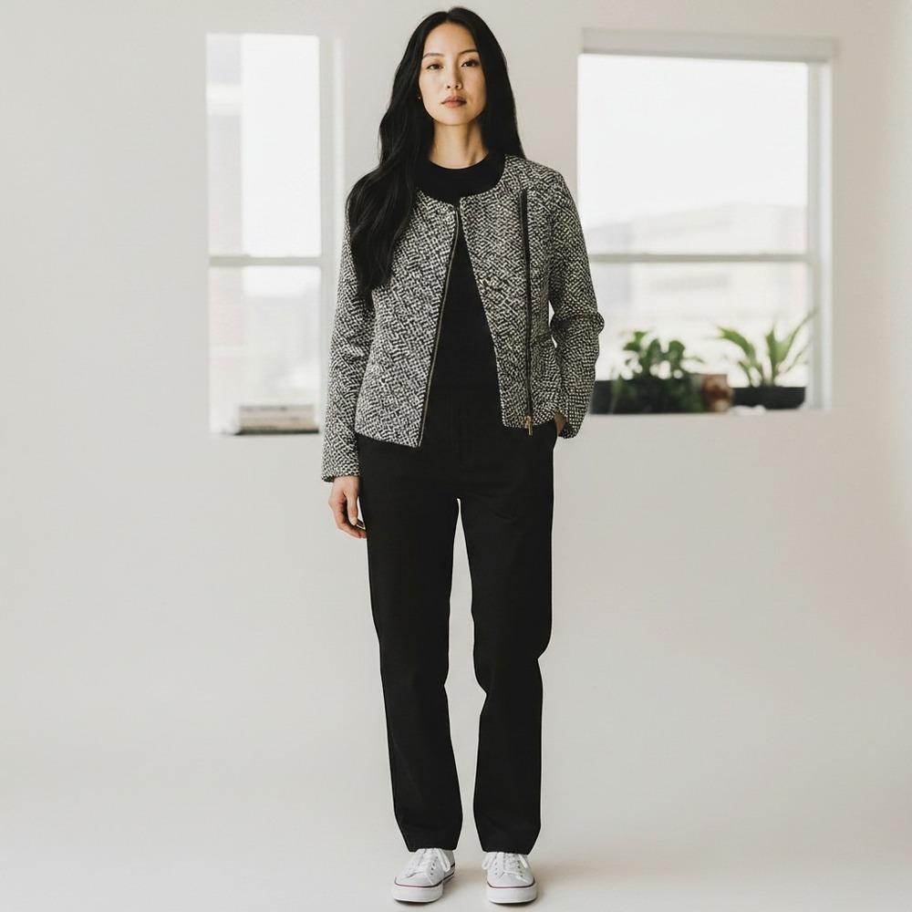 Cabi Size M Cliffside Moto Jacket Black Abstract‎ Asymmetrical Zip Office Bold